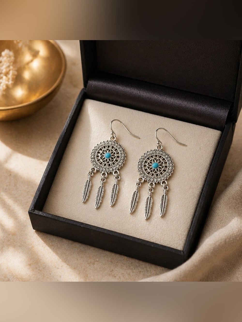 Silver-Tone Turquoise Dreamcatcher Dangle Earrings - hypoallergenic hooks